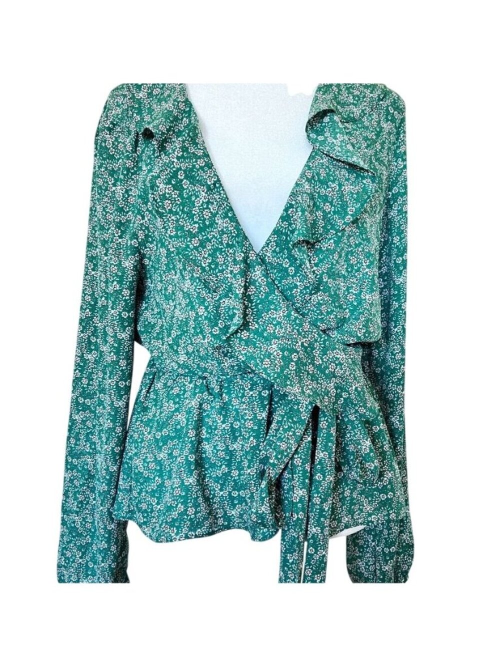 Boho Cottagecore Womens Sz M Green Floral Wrap Blouse Ruffle Surplice Tie Waist